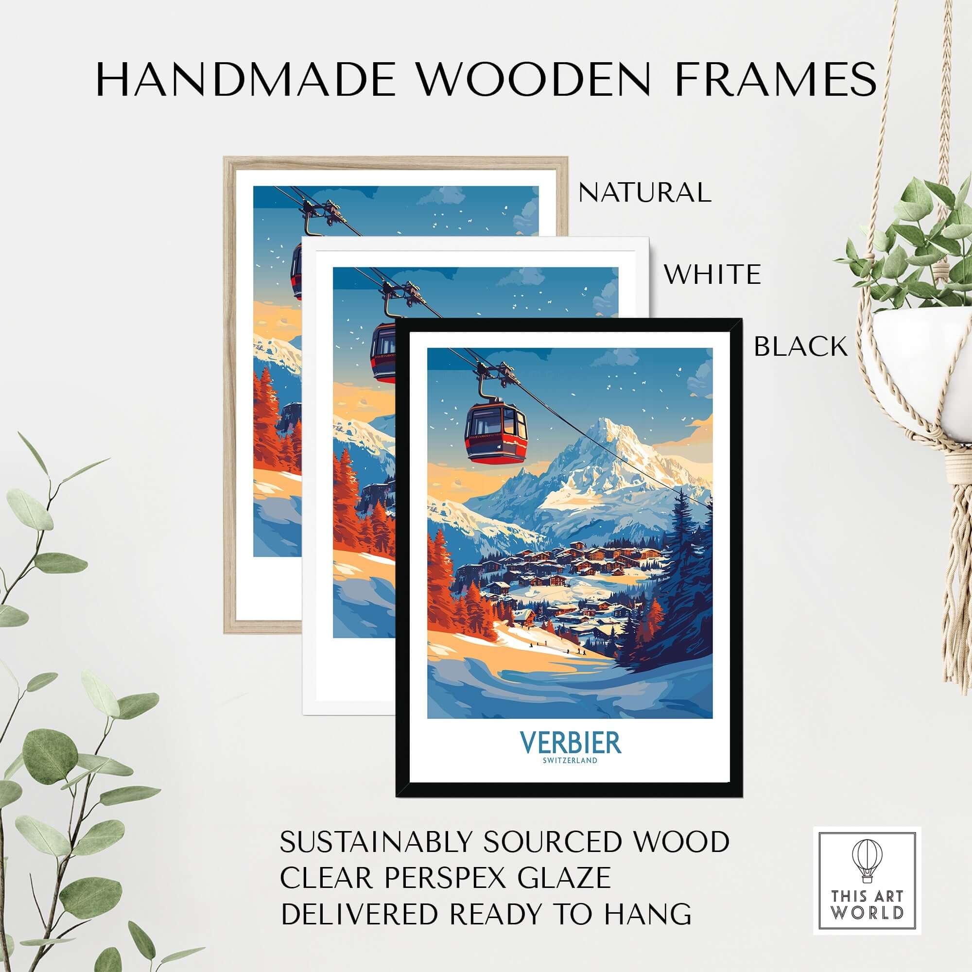 Verbier wall art print displayed in handmade wooden frames: natural, white, and black, highlighting winter sports decor.