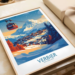 Verbier Wall Art Print featuring a ski lift and snowy mountain landscape, perfect for winter sports enthusiasts' home decor.