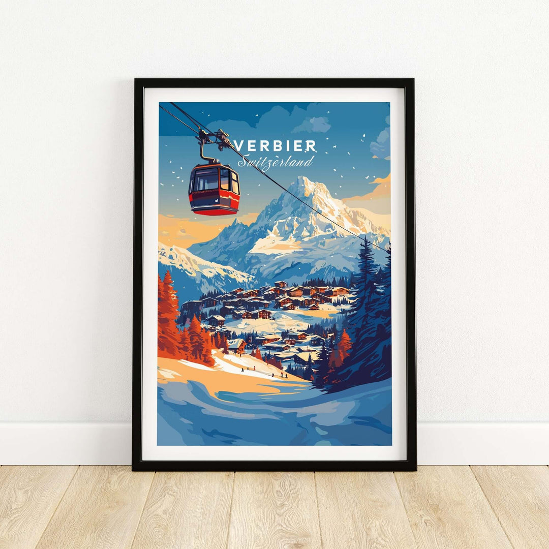 Verbier Wall Art featuring a ski lift over picturesque snow-capped mountains and a charming village in Switzerland.