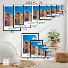 Versailles Poster France size guide showcasing various frame sizes and designs for the iconic French palace.