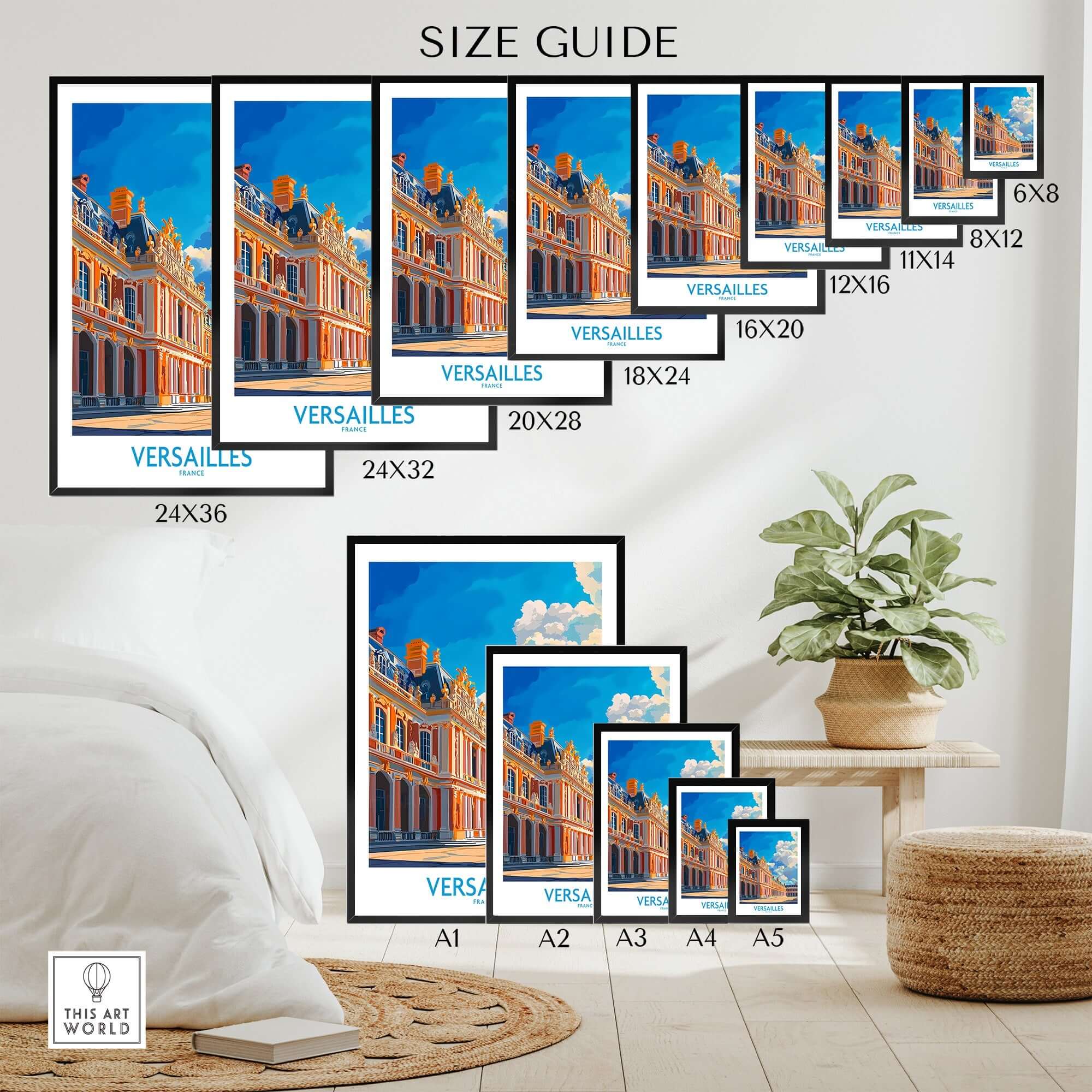 Versailles Poster France size guide showcasing various frame sizes and designs for the iconic French palace.