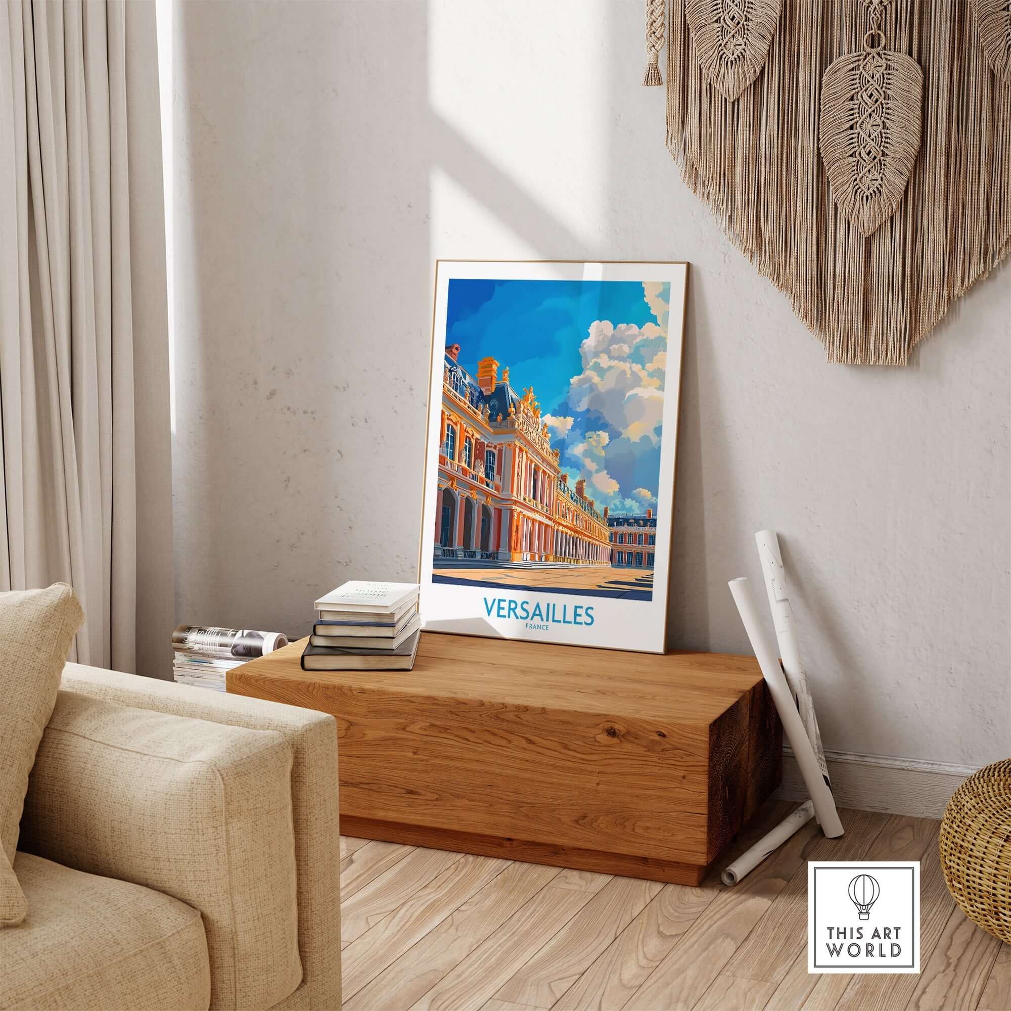 Versailles Poster France displayed on a stylish wooden table with a cozy interior setting.