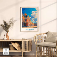 Versailles Poster France displayed in a stylish room, showcasing the iconic palace and vibrant colors.