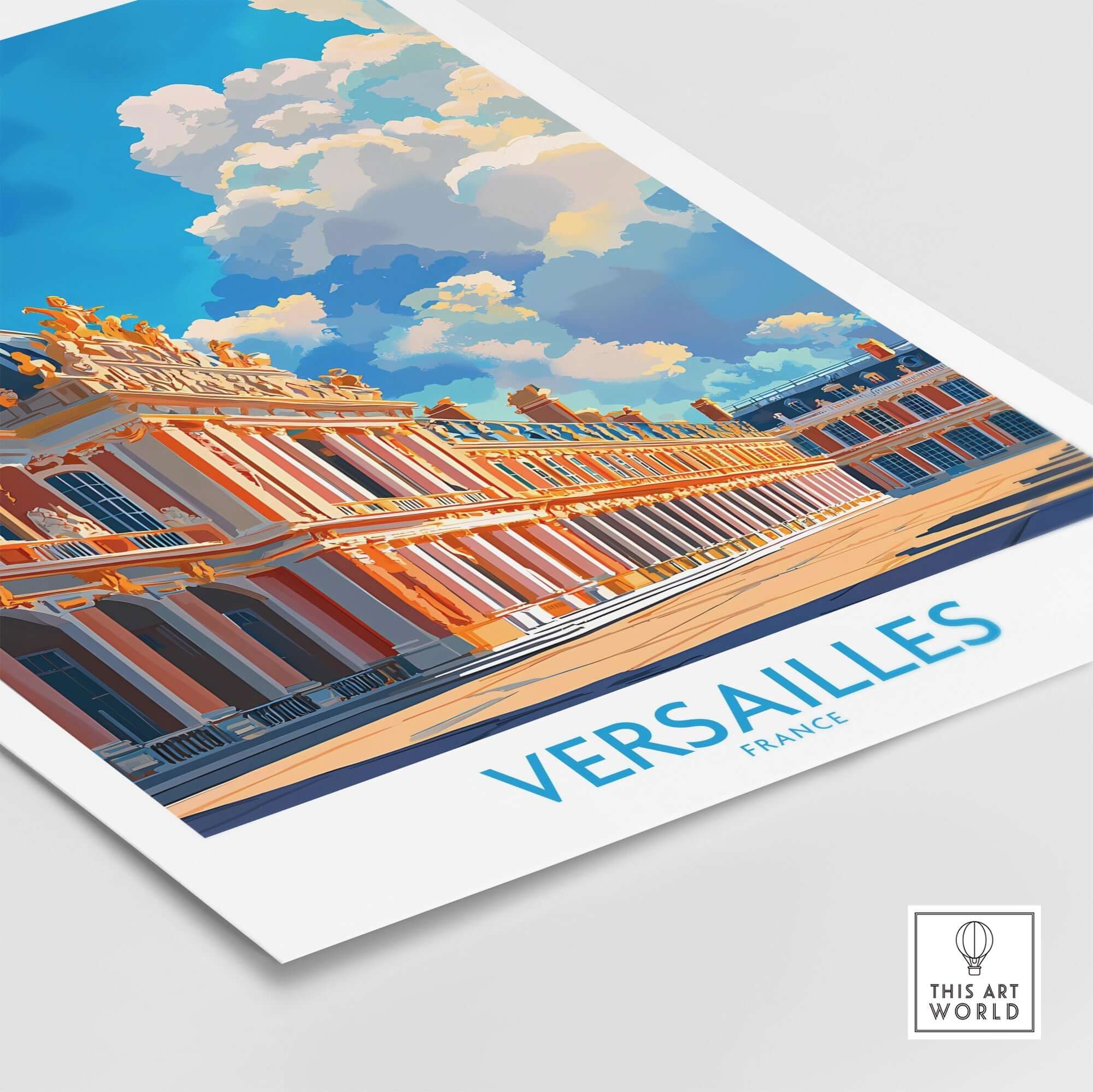 Versailles Poster France featuring the iconic palace with colorful clouds in the background.