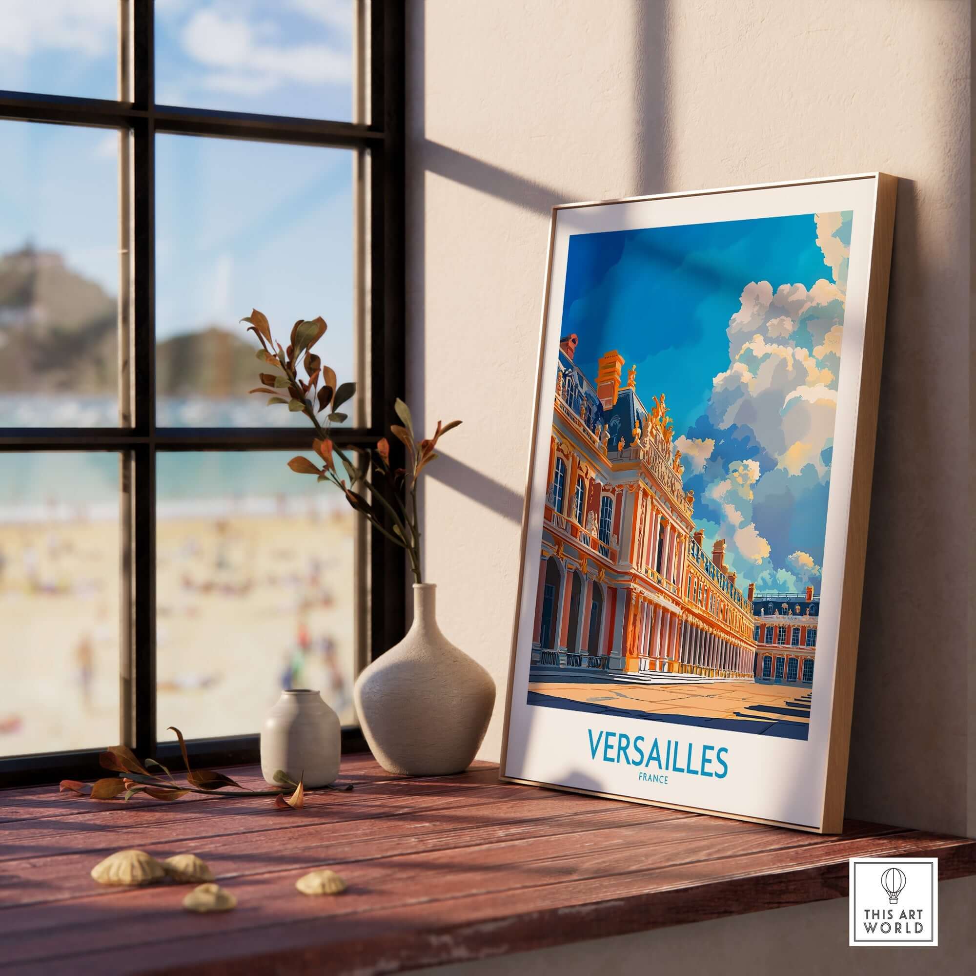 Versailles Poster France displayed in a stylish room with a vase and natural light.