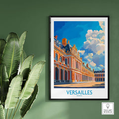 Versailles Poster France featuring the iconic palace against a blue sky with clouds, elegantly framed.