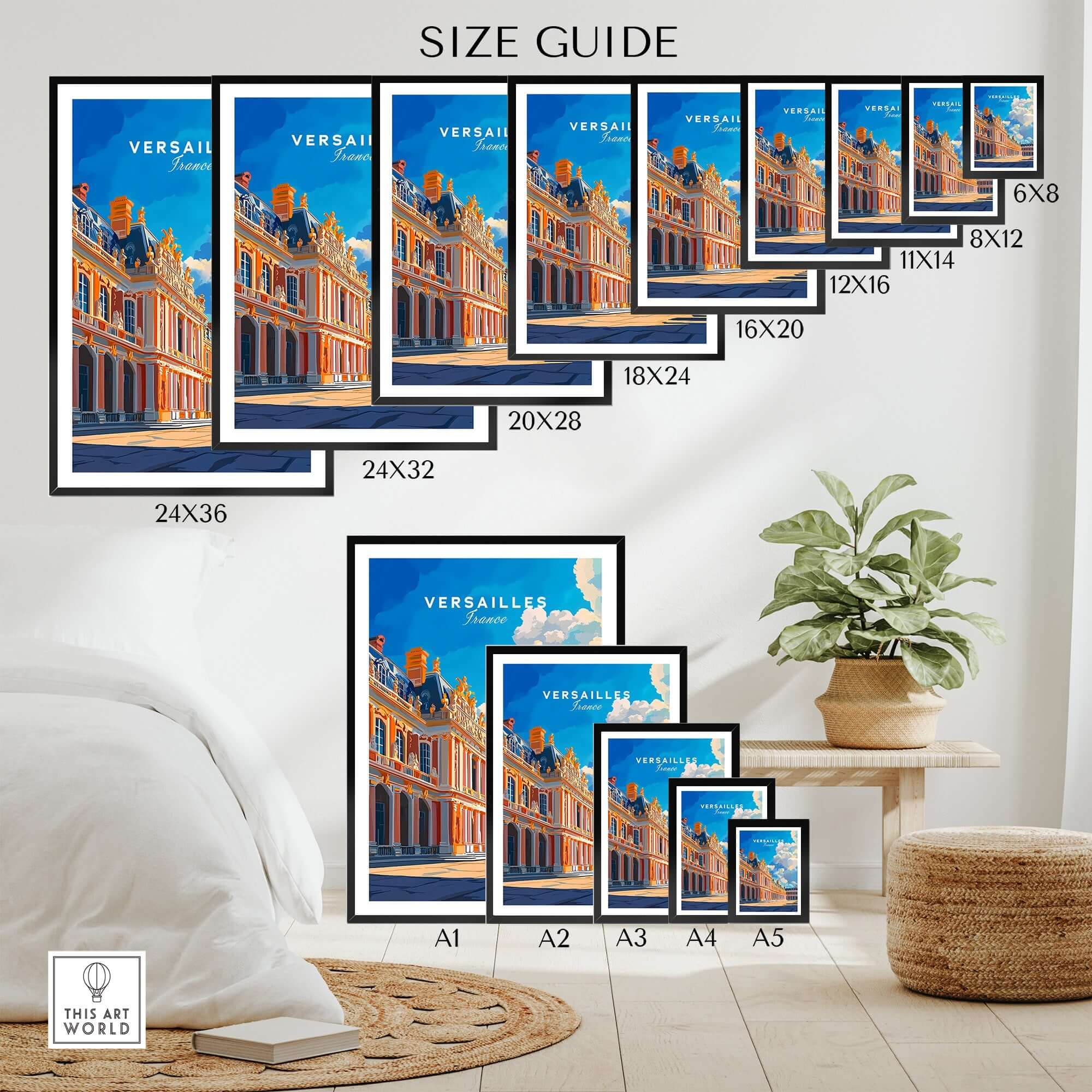 Versailles Print France size guide displaying various frame sizes for the iconic art print.