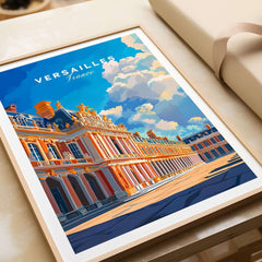 Versailles Print France featuring a vibrant illustration of the Versailles palace in sunny weather.