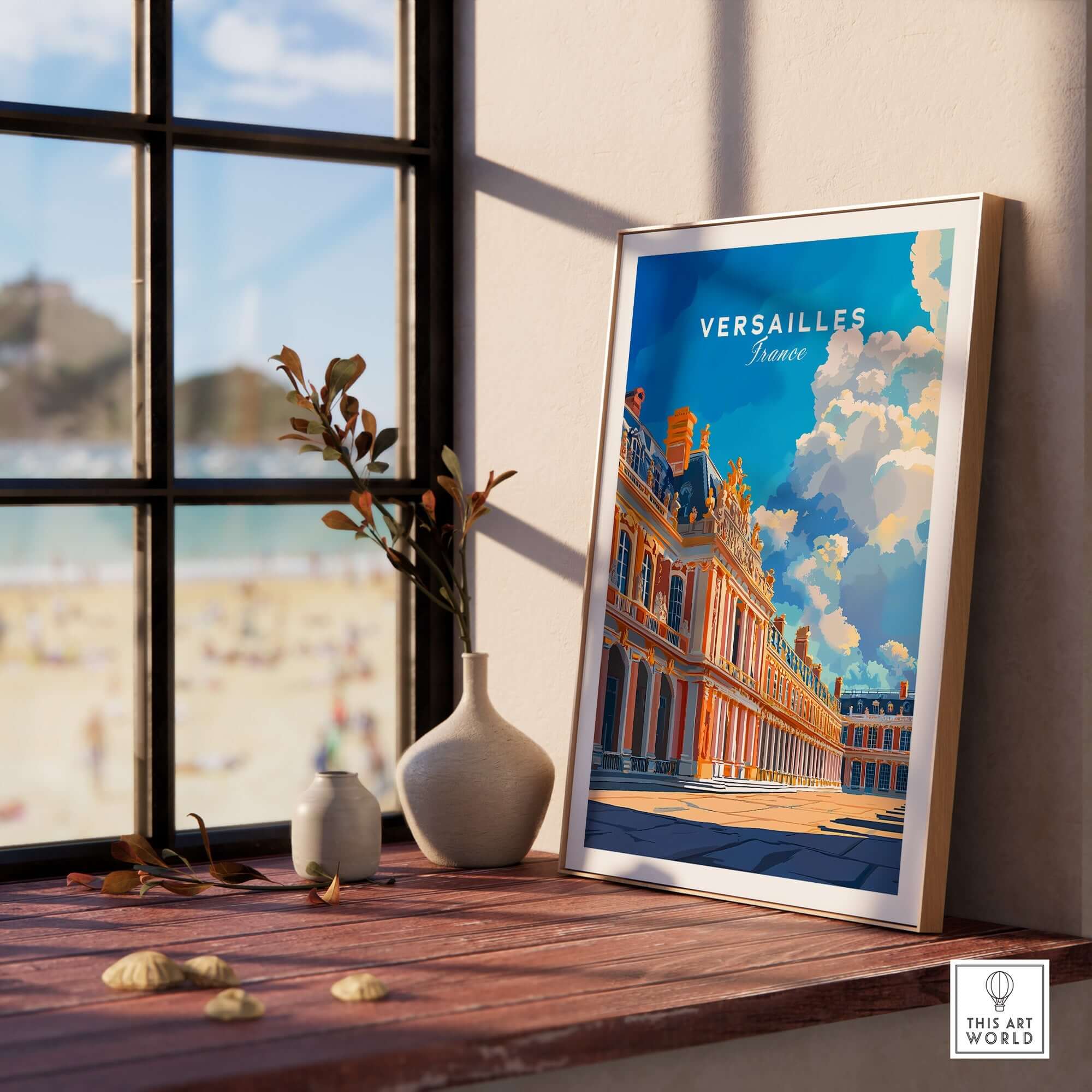 Versailles Print France displayed in a stylish frame on a wooden table next to a vase, showcasing French elegance and beauty.