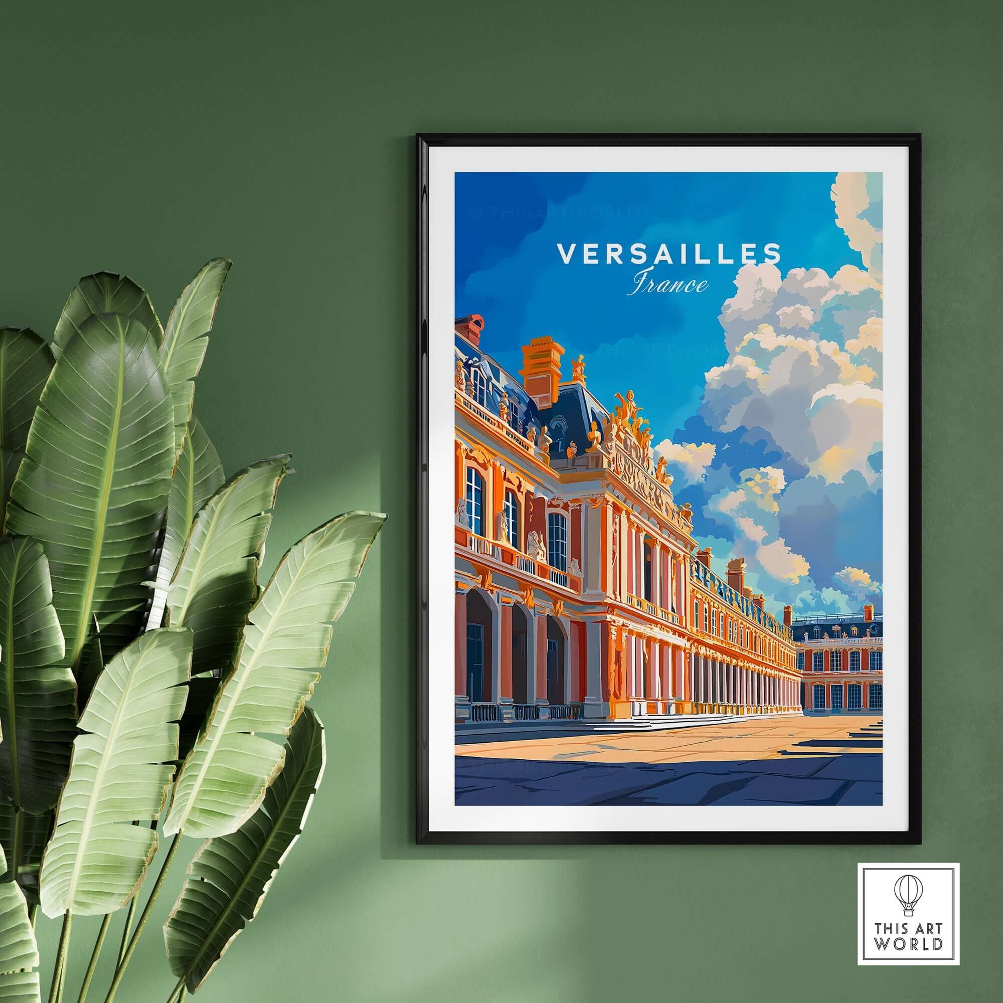 Versailles Print France showcasing the magnificent architecture of the Palace of Versailles against a vibrant sky.