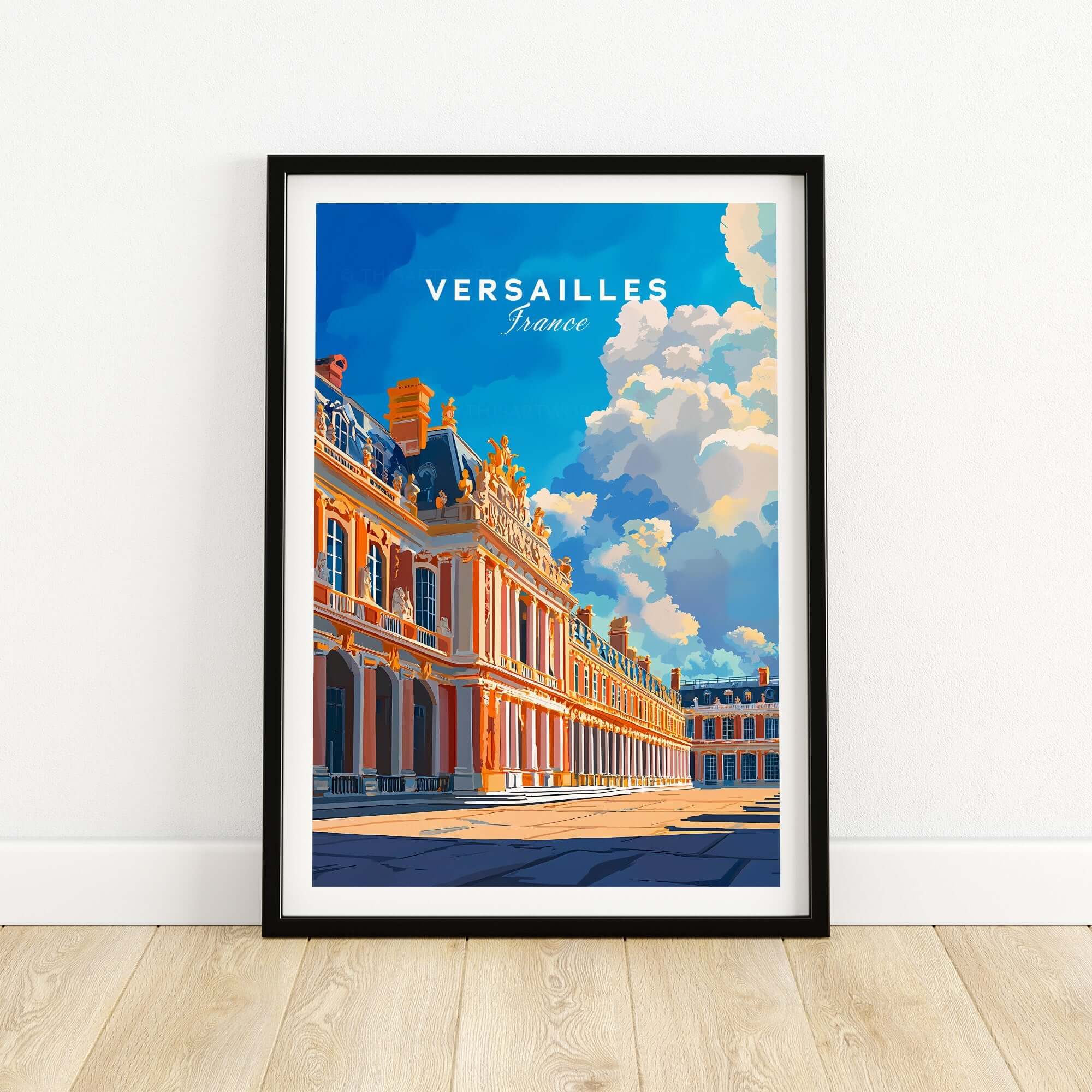 Versailles Print France featuring a stunning view of the iconic Palace of Versailles framed on a white wall.