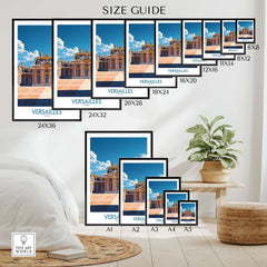 Versailles Travel Poster size guide showing various frame sizes available for purchase.