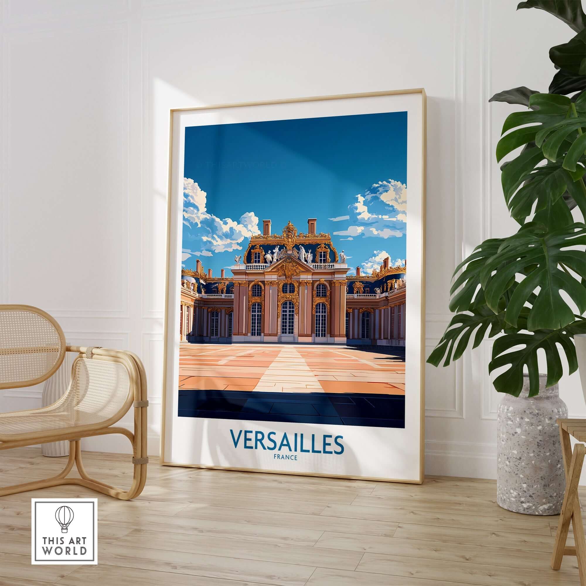 Versailles Travel Poster featuring the iconic palace in France, perfect for home decor.