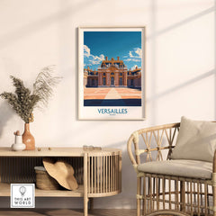Versailles Travel Poster framed and displayed in a modern living room setting.