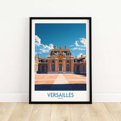 Versailles Travel Poster featuring the iconic palace of Versailles, France, under a bright blue sky.