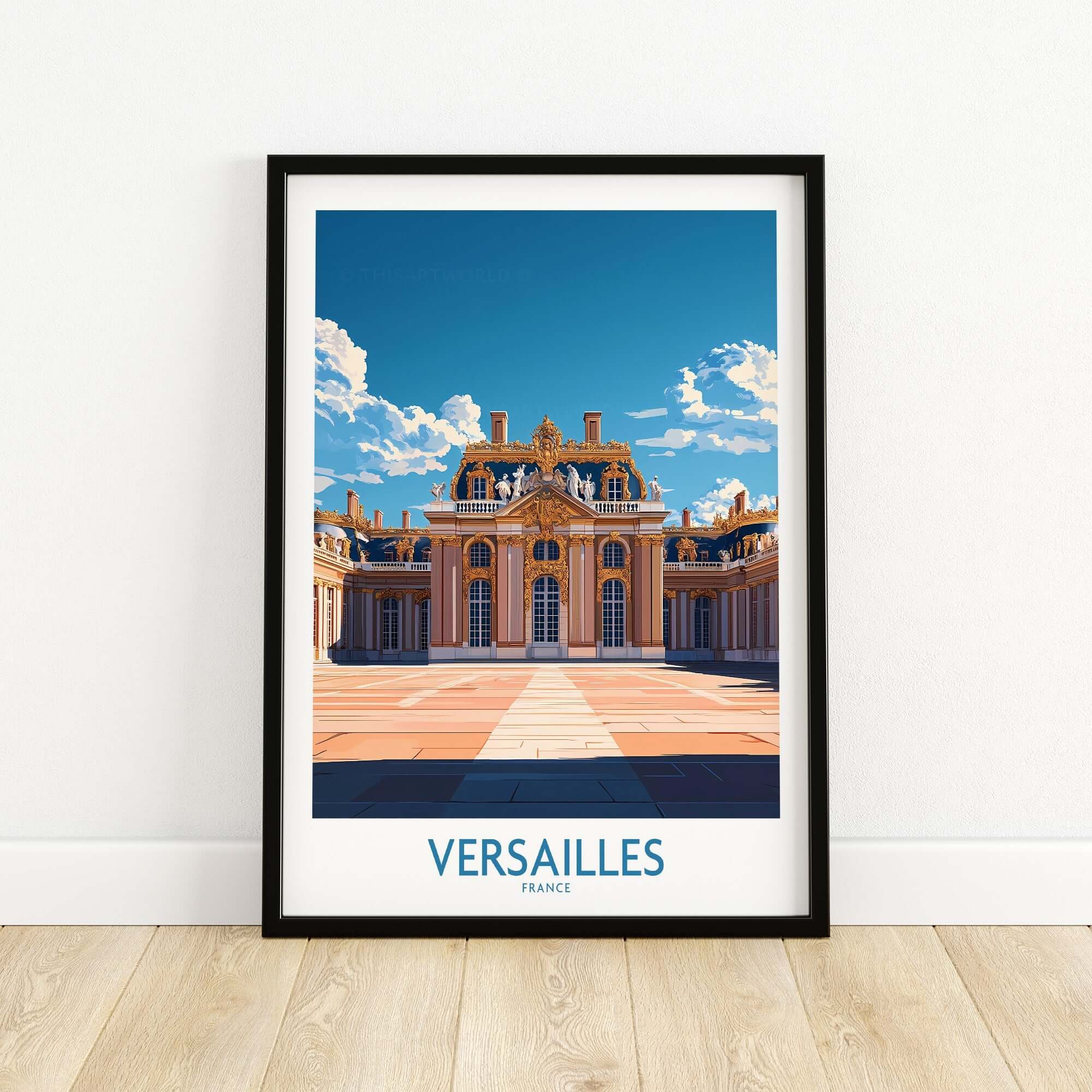 Versailles Travel Poster featuring the iconic palace of Versailles, France, under a bright blue sky.