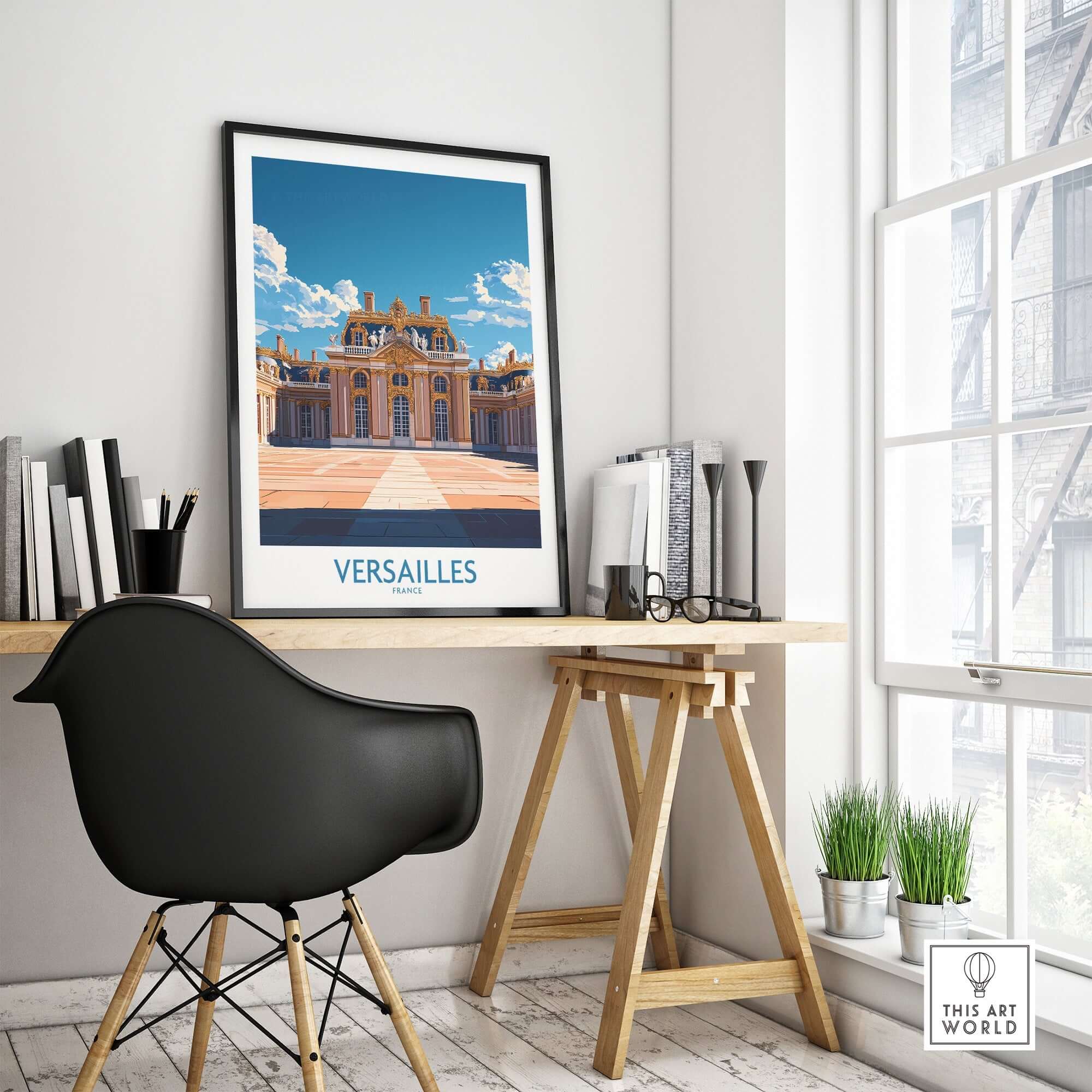 Versailles Travel Poster displayed in a stylish workspace, capturing the beauty of the iconic palace.