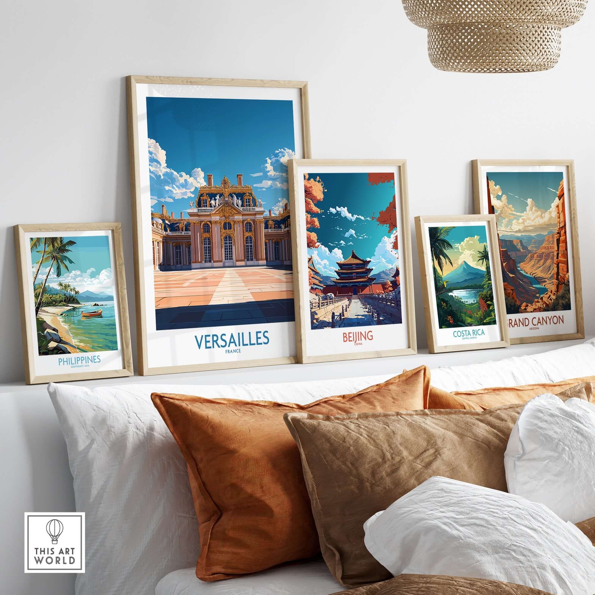 Versailles Travel Poster displayed among other travel posters on a stylish wall setup, adding elegance to home decor.