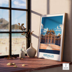 Versailles Travel Poster framed on a wooden table with a beautiful scenic view outside.