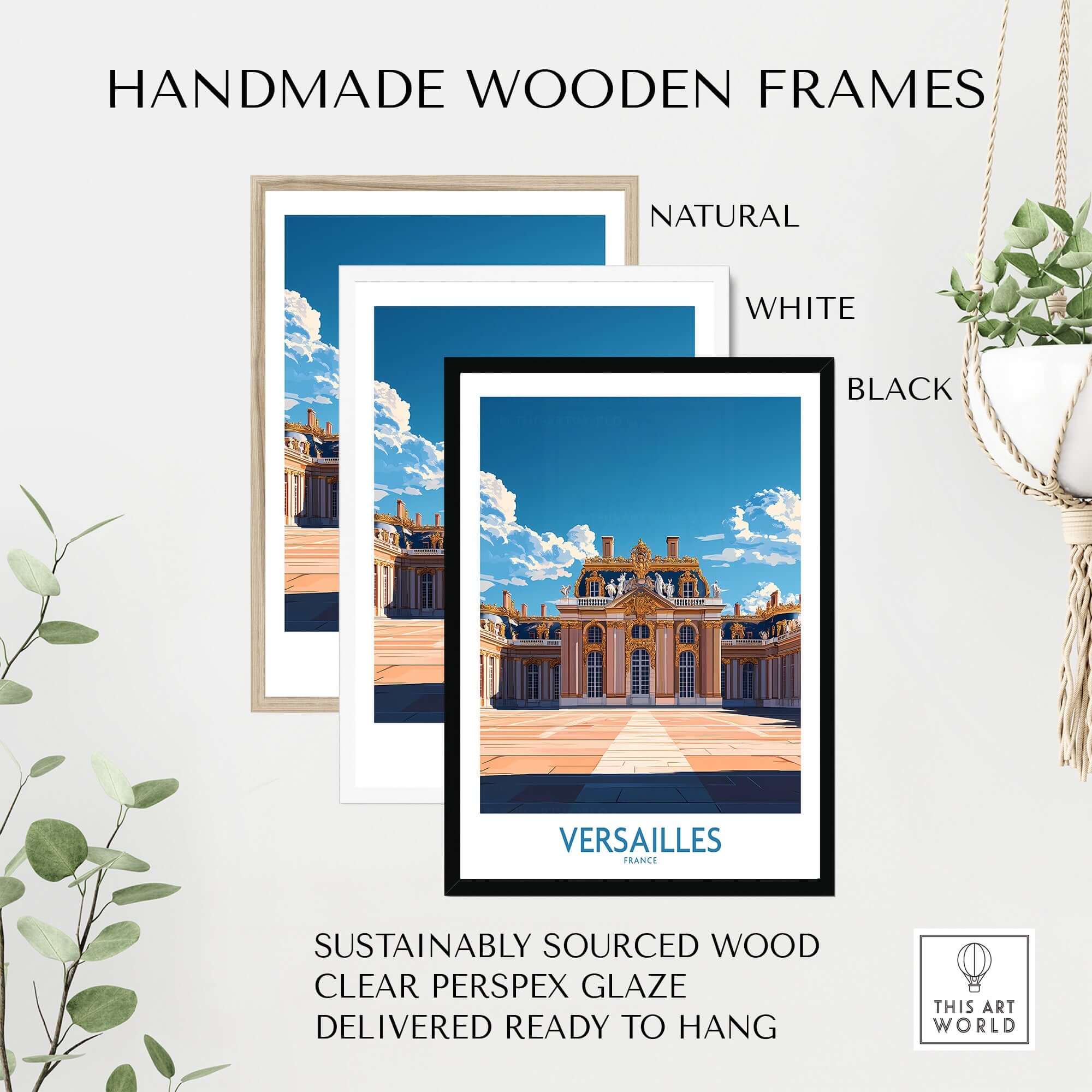 Handmade wooden frames in natural, white, and black for Versailles Travel Poster, perfect for stylish home decor.