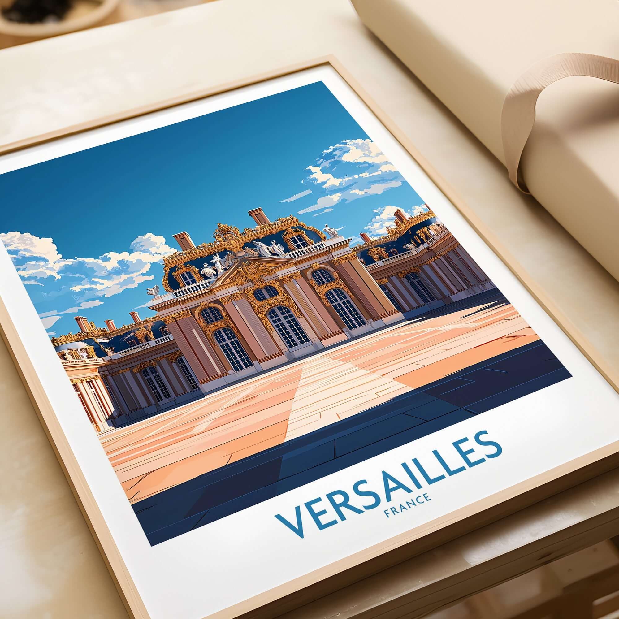 Versailles Travel Poster featuring the iconic palace with a blue sky background, showcasing elegance and French history.