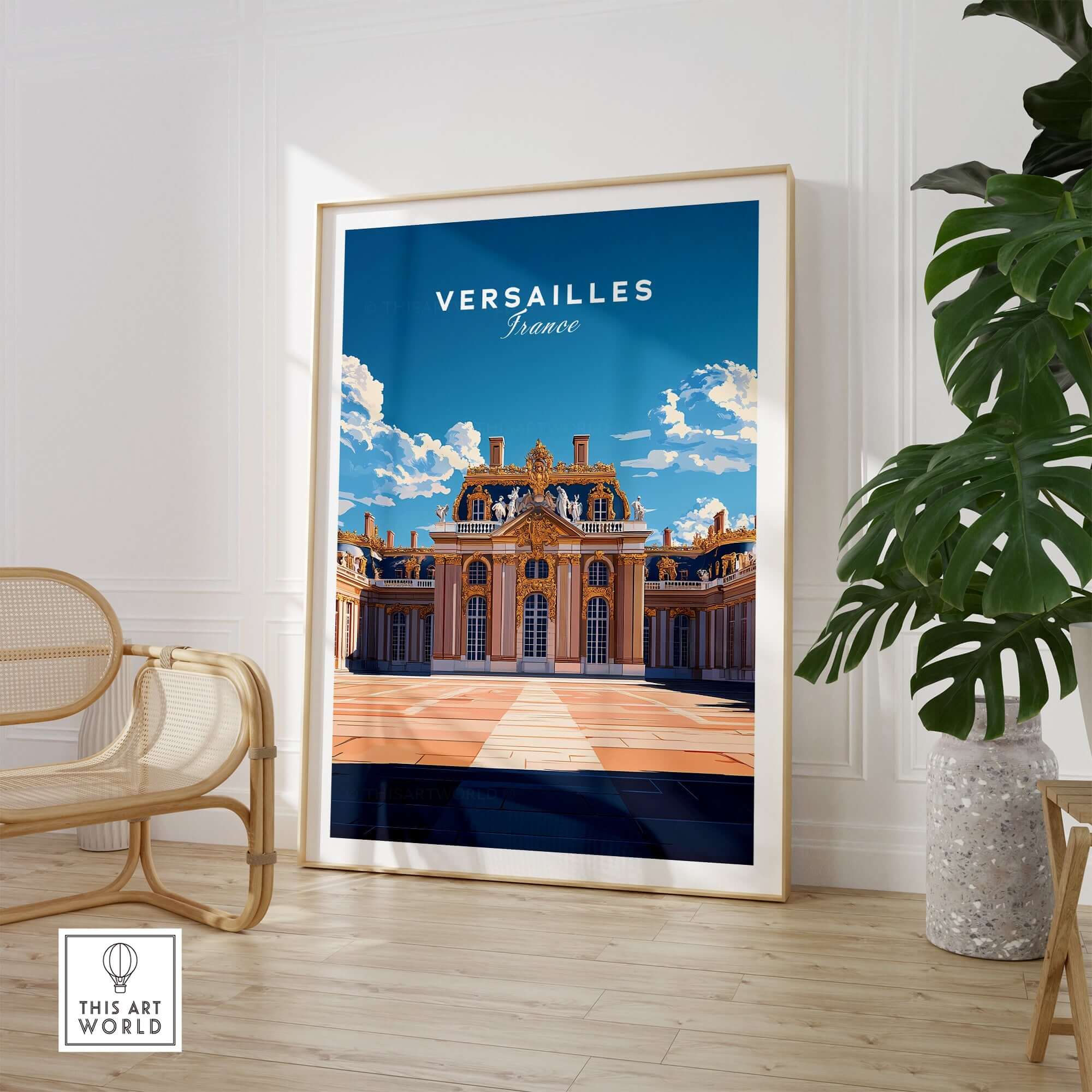 Versailles Travel Print showcasing the grandeur of Versailles with vibrant colors and intricate details.