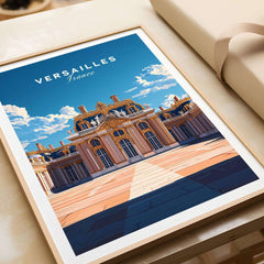 Versailles Travel Print vibrant illustration of the Palace of Versailles in France, framed and displayed.