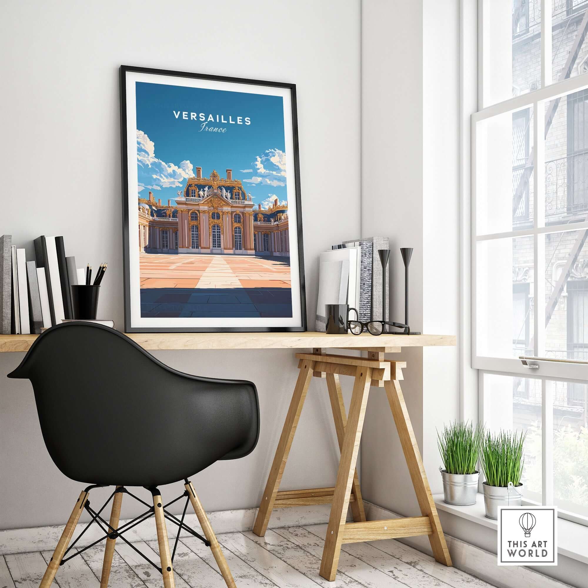 Versailles Travel Print displayed in a modern workspace with stylish decor.