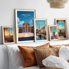 Versailles Travel Print showcasing the grandeur of the palace in a stylish home setting with travel-themed art.