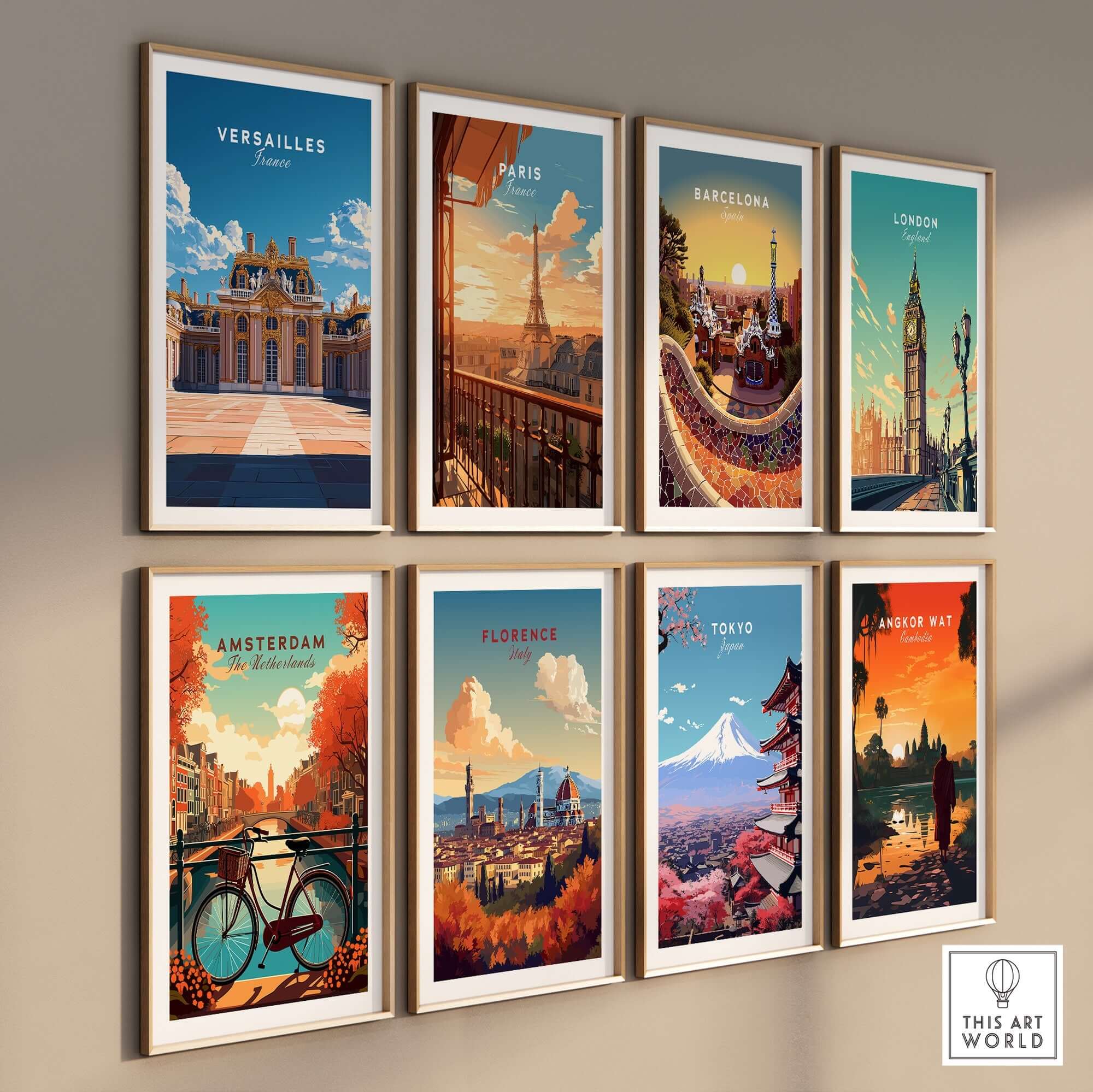Versailles Travel Print displayed among various vibrant travel posters, showcasing famous landmarks from around the world.