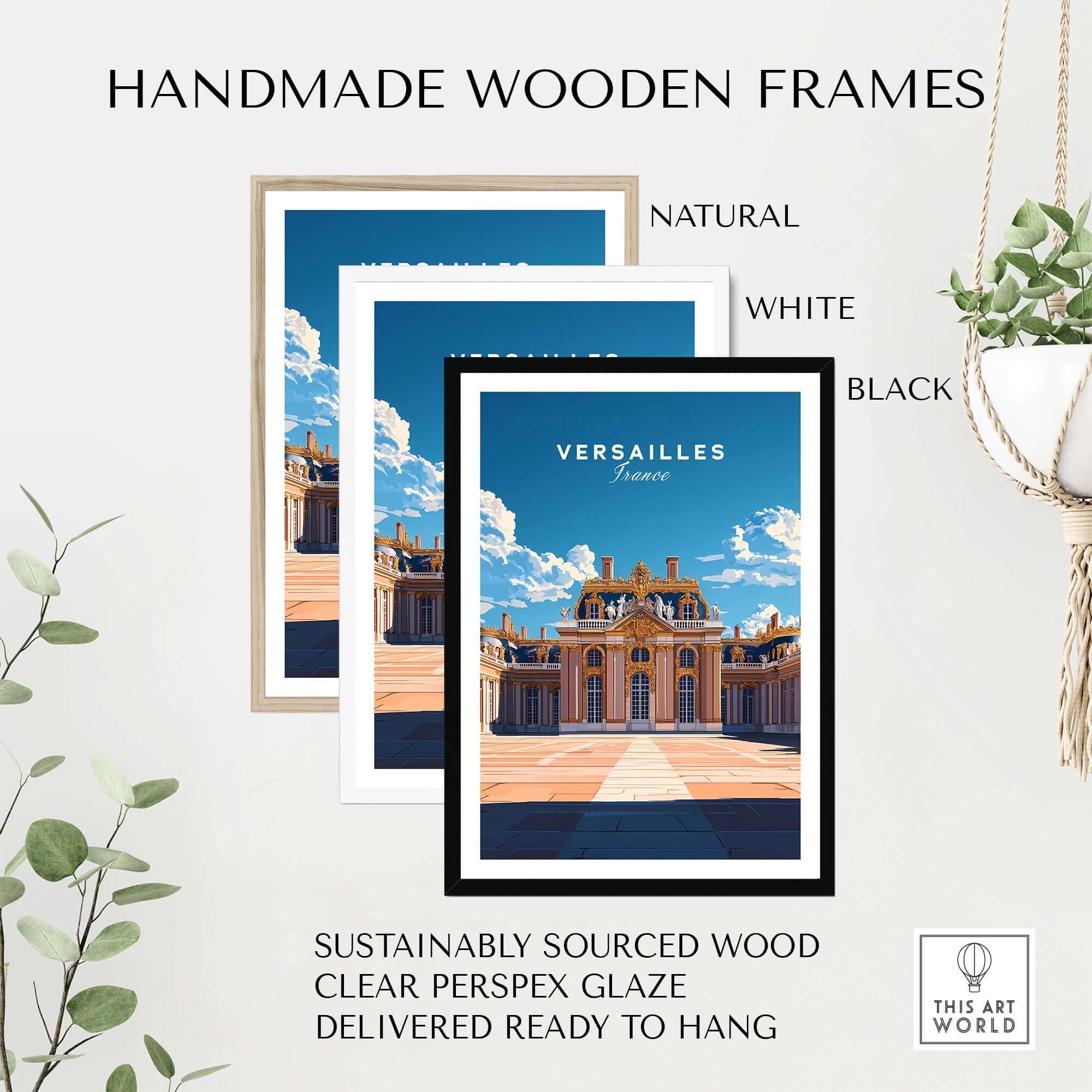 Versailles Travel Print framed in handmade wooden frames: natural, white, and black options.