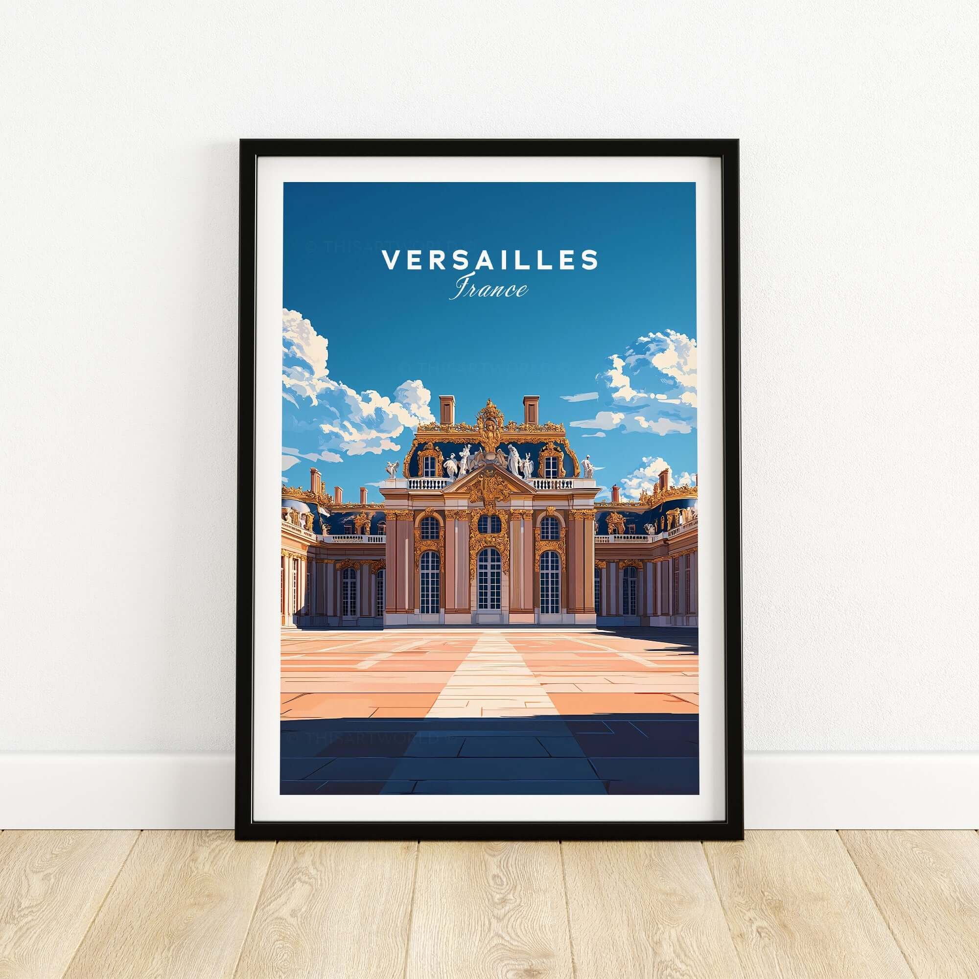 Versailles Travel Print showcasing the stunning architecture of the Palace of Versailles in France.