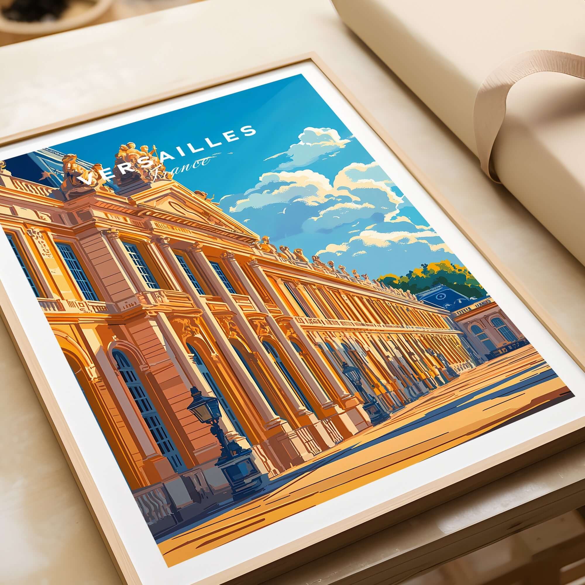 Versailles Wall Art featuring an illustrated view of the grandeur of the Versailles palace in elegant colors.