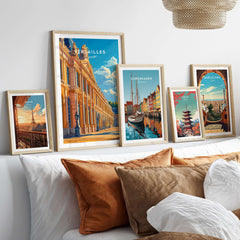 Versailles Wall Art collection displayed in elegant frames above a cozy sofa with decorative pillows.