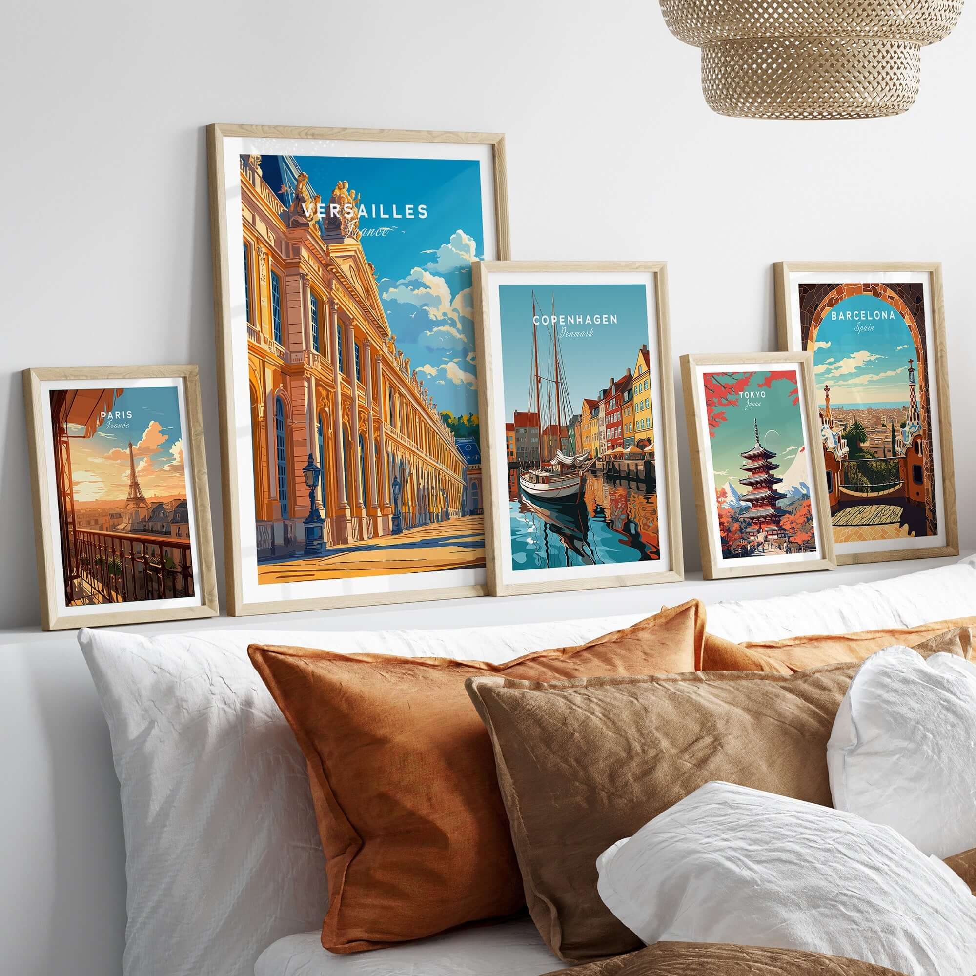 Versailles Wall Art collection displayed in elegant frames above a cozy sofa with decorative pillows.