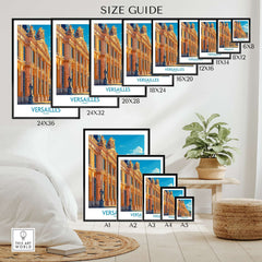 Size guide for Versailles Wall Art Print showing various dimensions and styles for home decor.