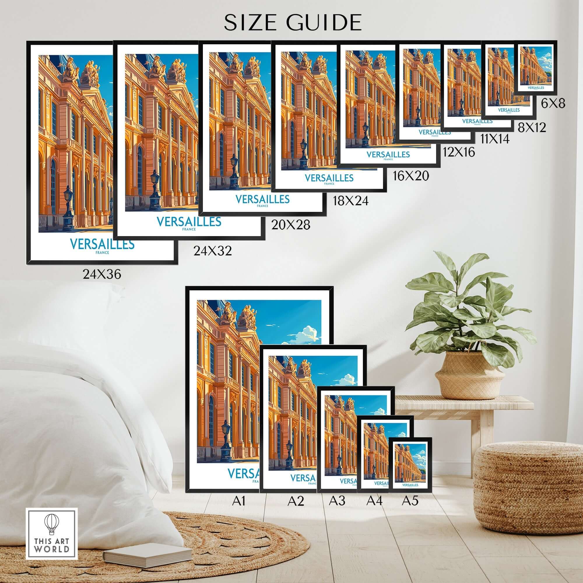 Size guide for Versailles Wall Art Print showing various dimensions and styles for home decor.
