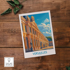 Versailles Wall Art Print featuring the iconic palace architecture and vibrant colors on a wooden background.