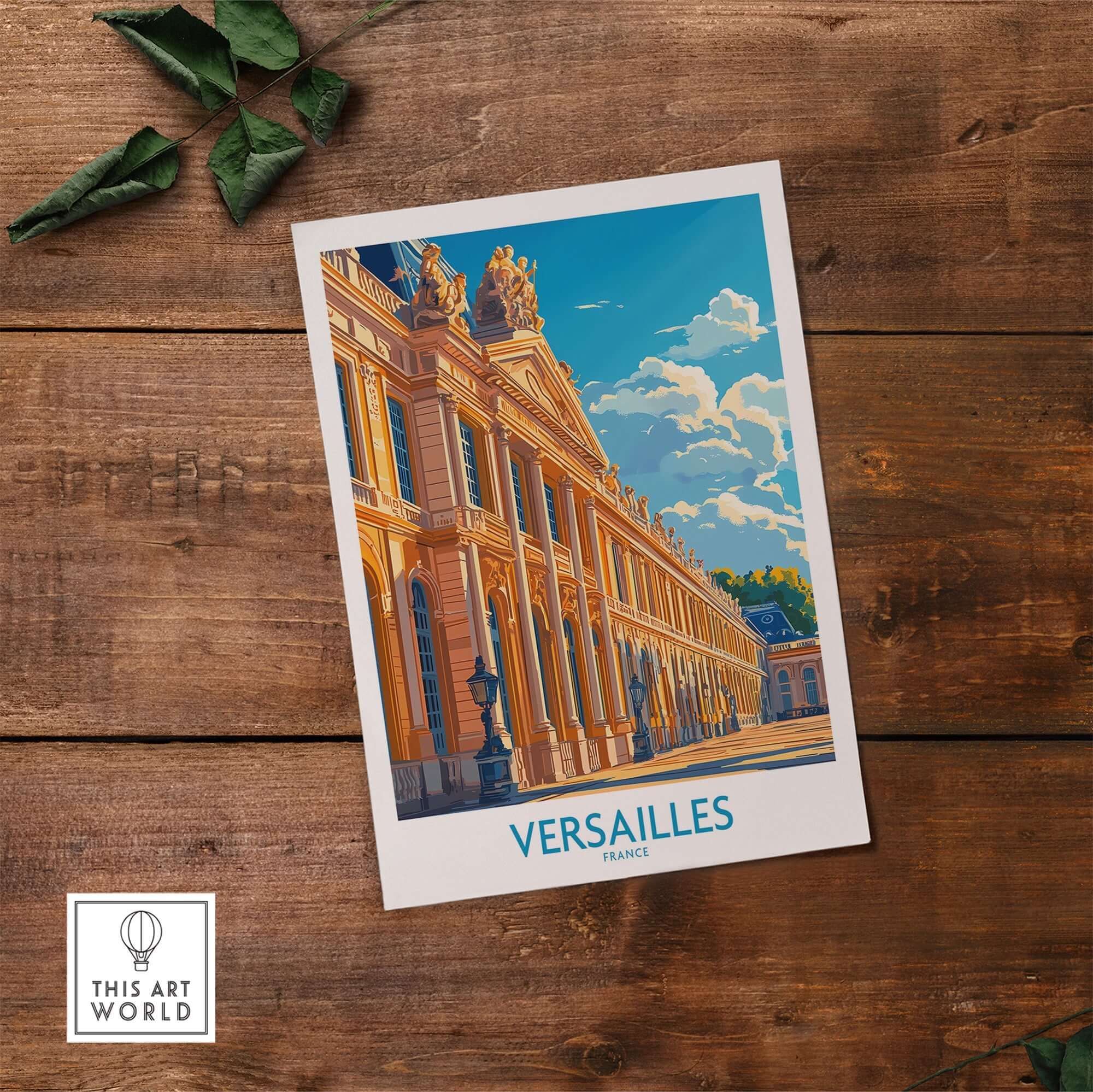 Versailles Wall Art Print featuring the iconic palace architecture and vibrant colors on a wooden background.