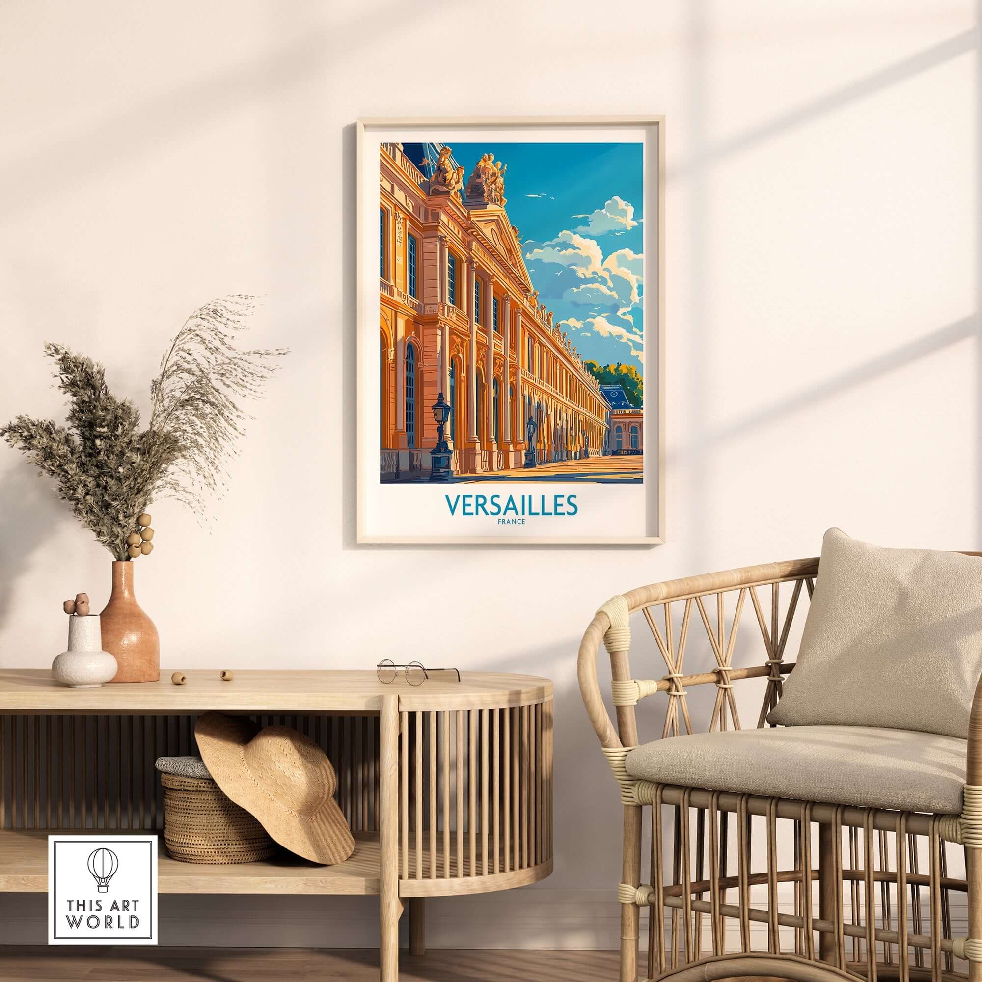Versailles Wall Art Print showcasing intricate architecture and vibrant colors in a stylish home setting.