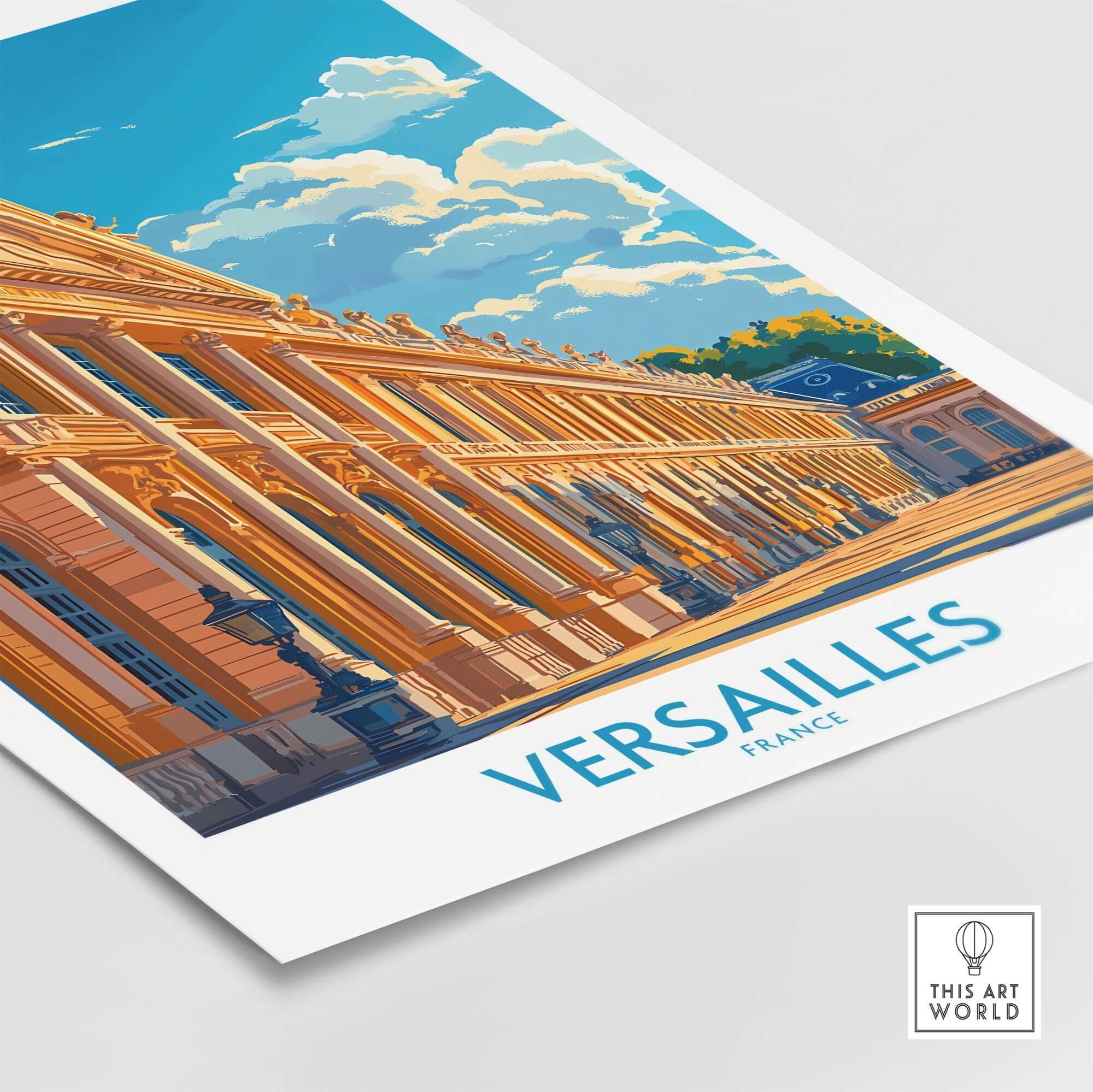 Versailles Wall Art Print showcasing the iconic palace with vibrant colors and intricate details.
