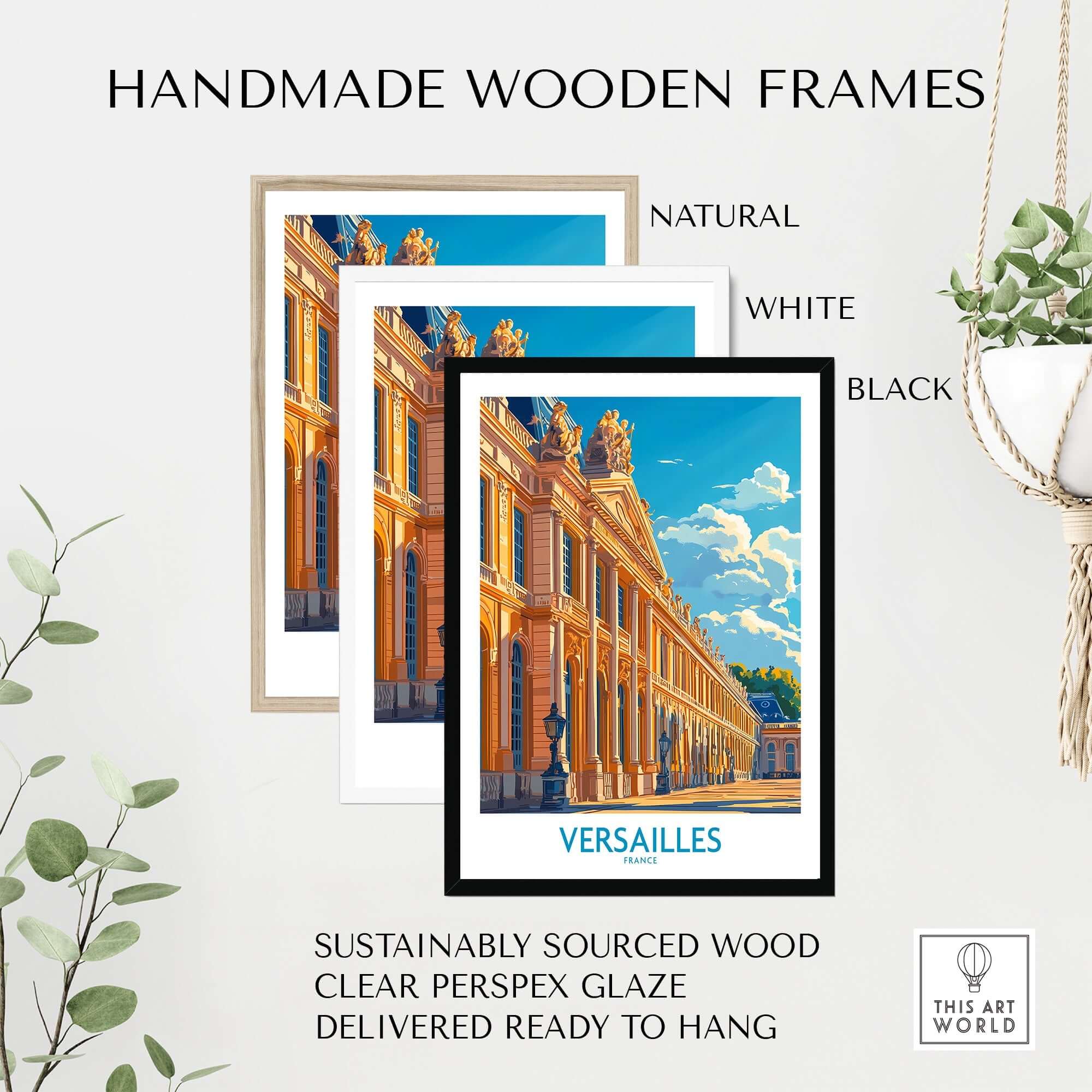 Handmade wooden frames for Versailles Wall Art Print in natural, white, and black colors, ready to hang.