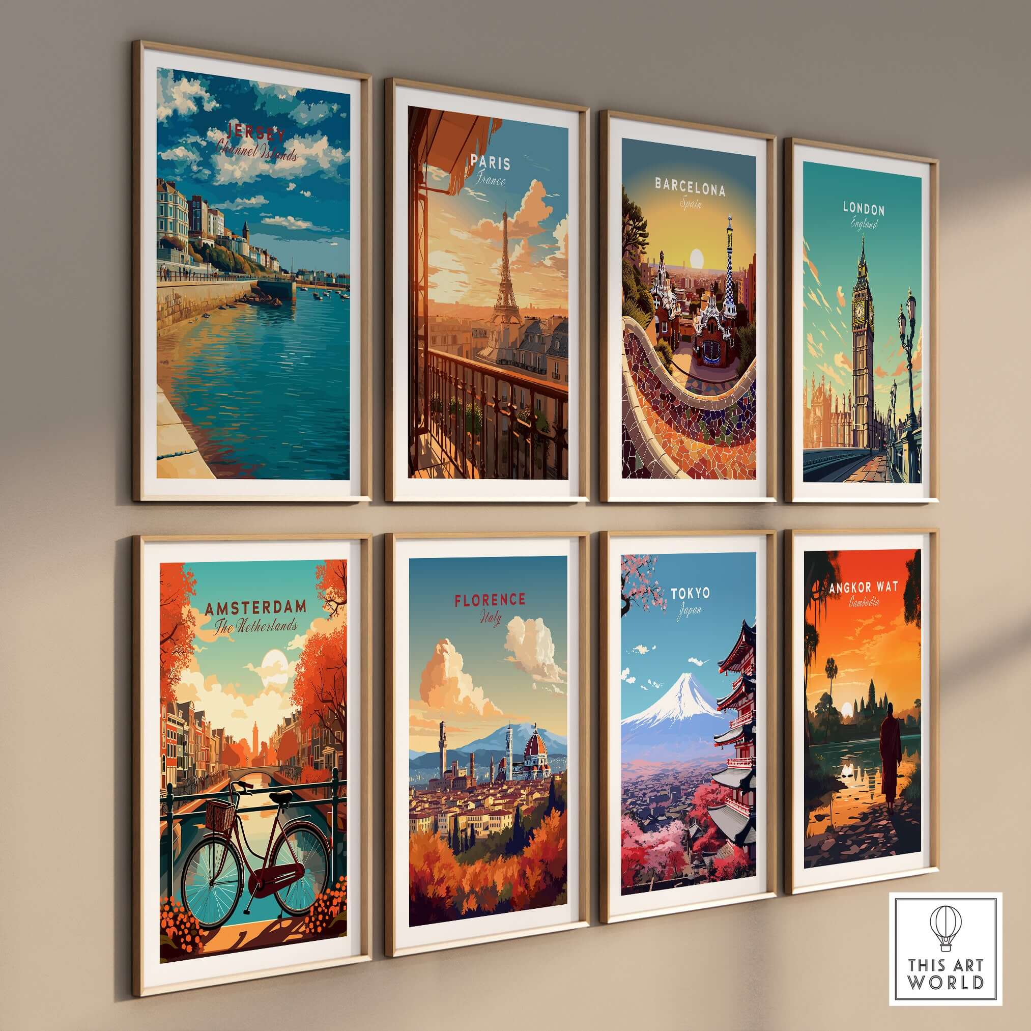 Jersey Poster -  St Helier Town Marina Print | Seaside Wall Art displayed with other city posters in a vibrant gallery setting.