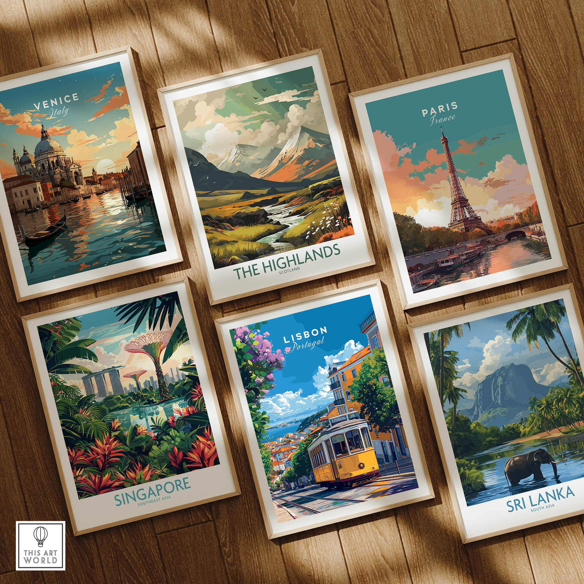 Lisbon Cityscape Tram 28 Poster | Colorful Portugal Travel Art displayed among travel art prints from Venice, Singapore, and Paris.
