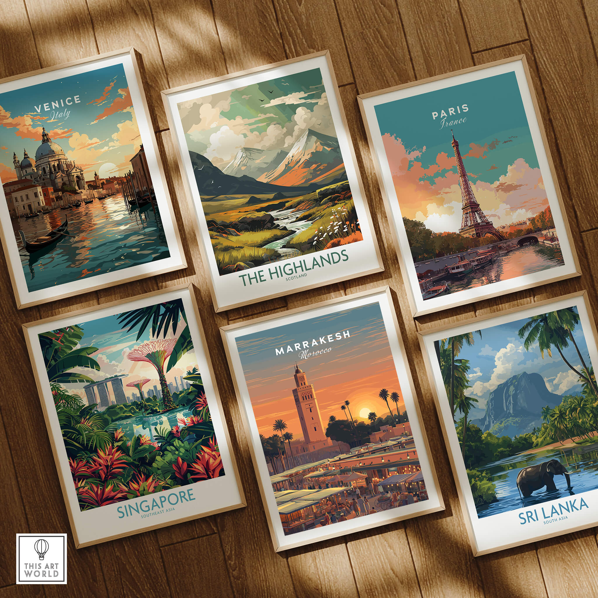 Marrakesh Morocco Travel Poster | Vibrant Souk & Mosque Wall Art Print displayed with other travel posters.