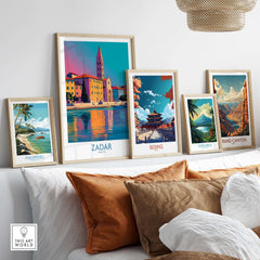 Zadar Croatia Art Print showcased among other vibrant travel art prints on a decorative wall.