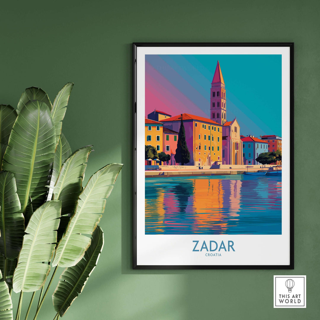 Vibrant Zadar Croatia Art Print showcasing the historic coastal city with rich colors and lively scenes.