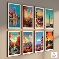 Zadar Print | Vibrant Croatian City Wall Decor alongside other vibrant city prints framed on a wall.