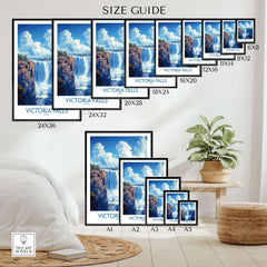Victoria Falls Poster size guide showcasing various frame sizes and options for display in home decor.