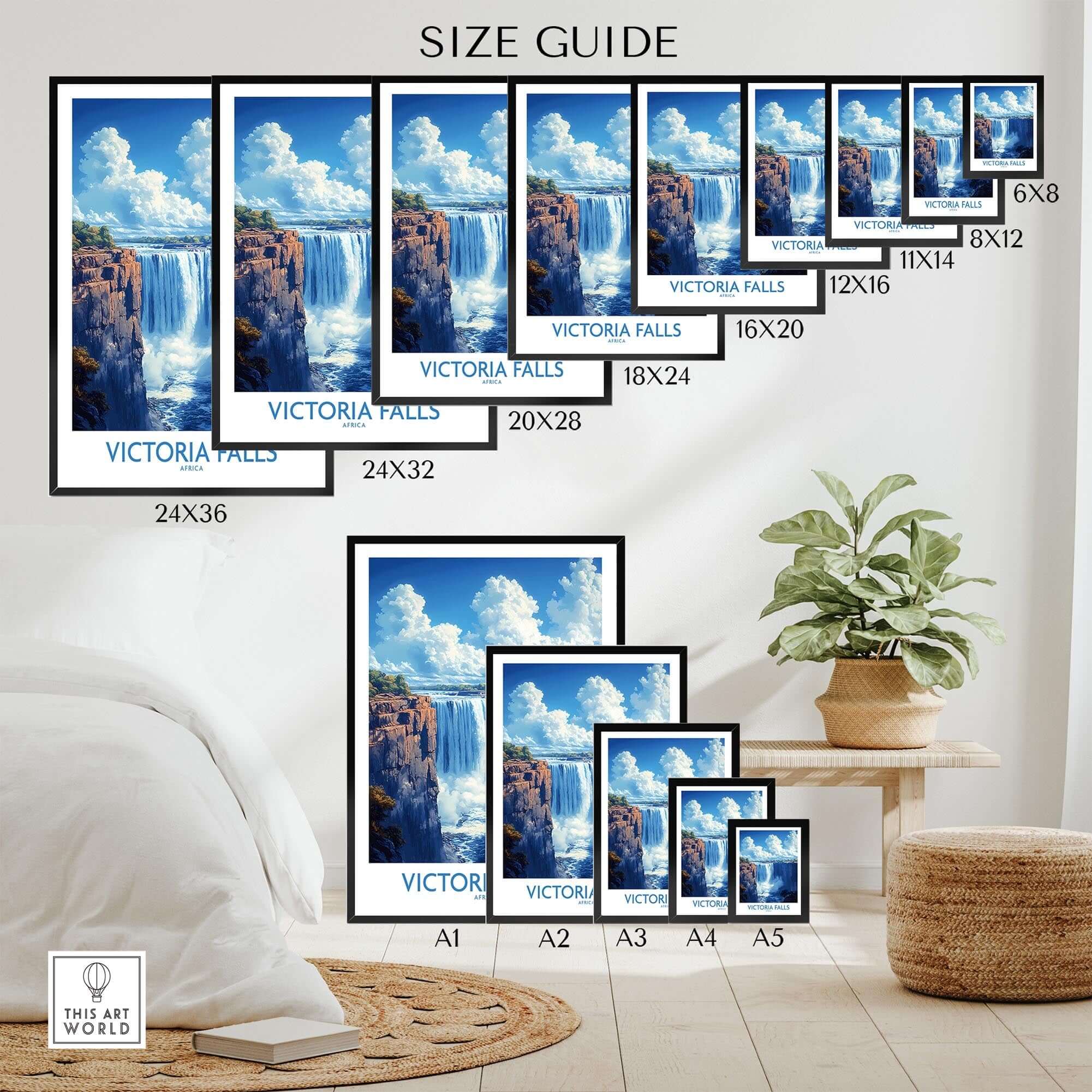 Victoria Falls Poster size guide showcasing various frame sizes and options for display in home decor.